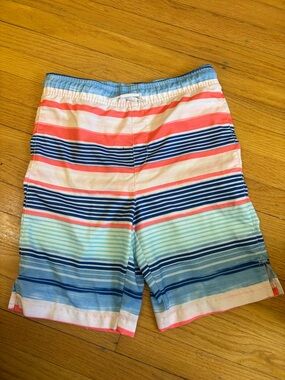 The Children's Place Boys' Striped Swim Trunks in Coral, Navy & Light Blue